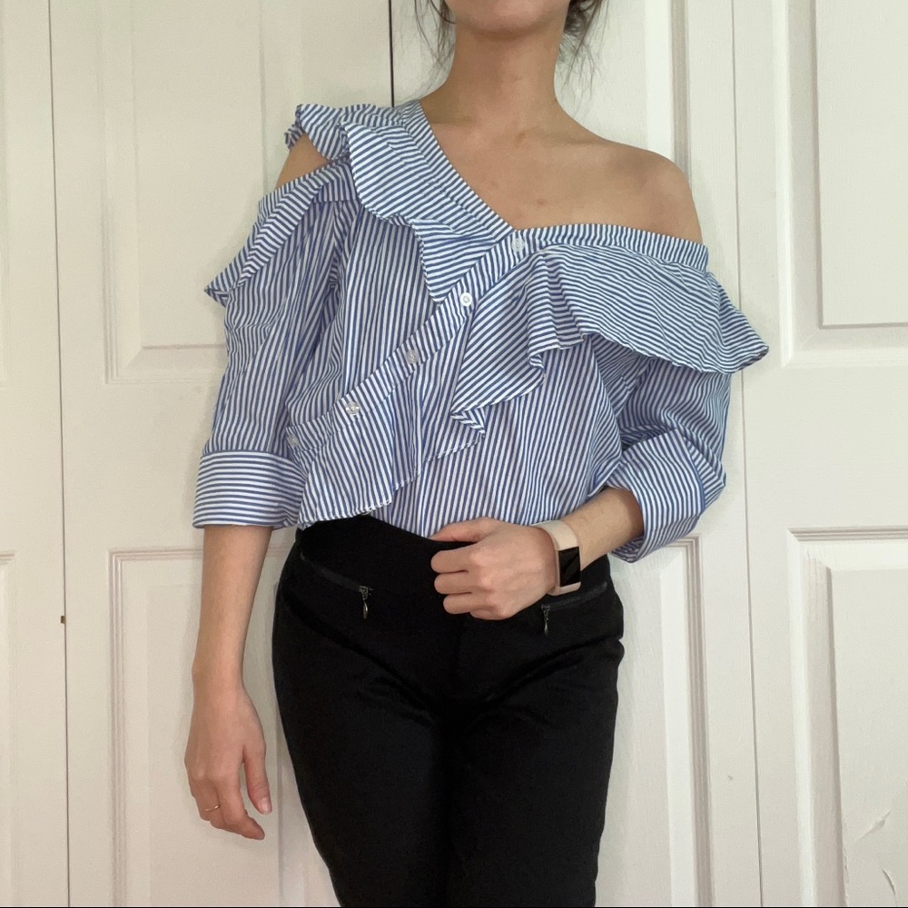 Asymmetrical ruffle striped blue dress shirt top